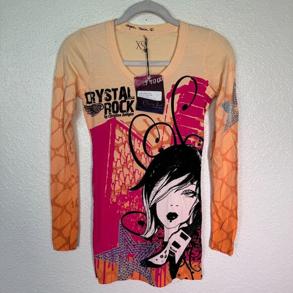 Christian Audigier Tops - Christian Audigier Crystal Rock Y2K Shirt Womens XS Rocker Girl Guitar Tee NEW